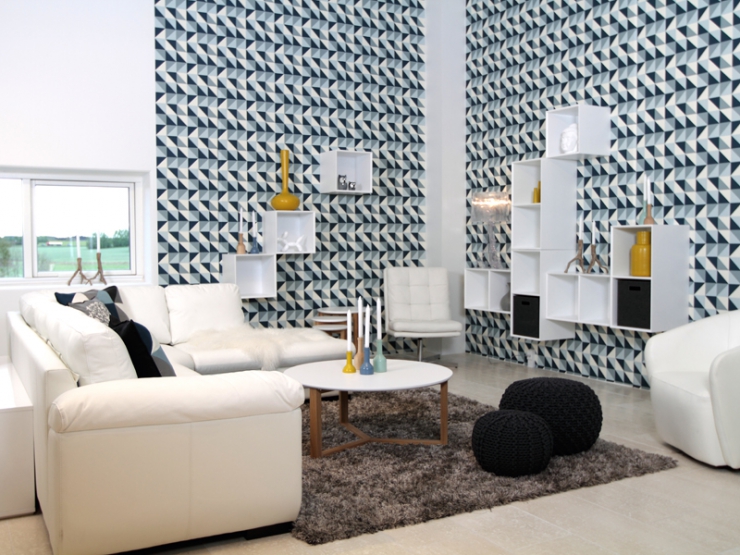 Obývací pokoj zarizen moderními bytovými doplňky a dekoracemi