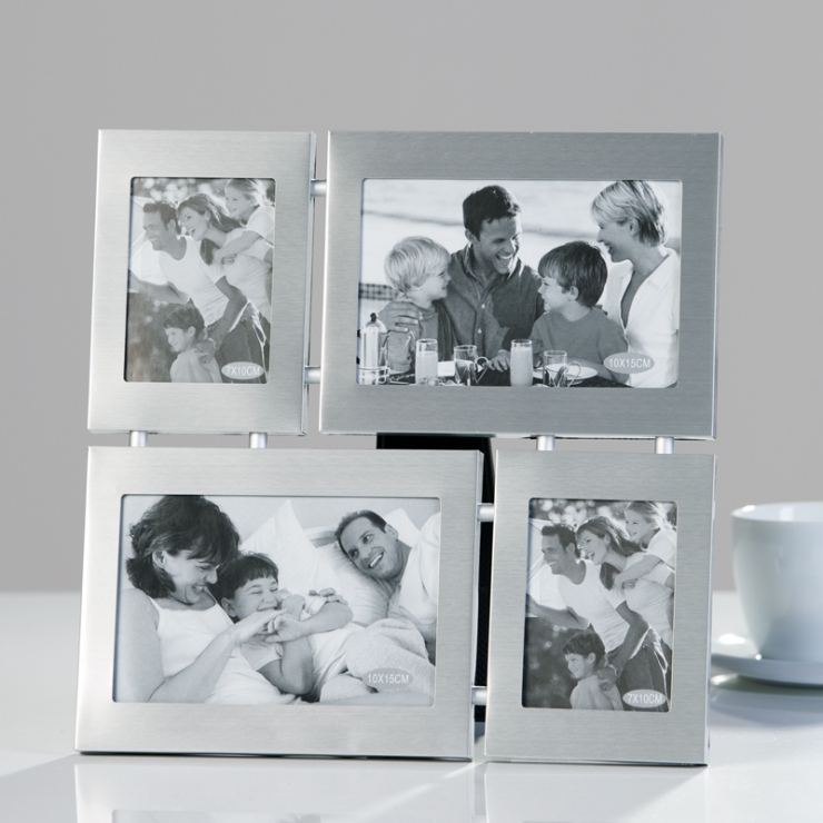 Hliníkový rámeček na čtyři rodinné fotografie na noční stolek